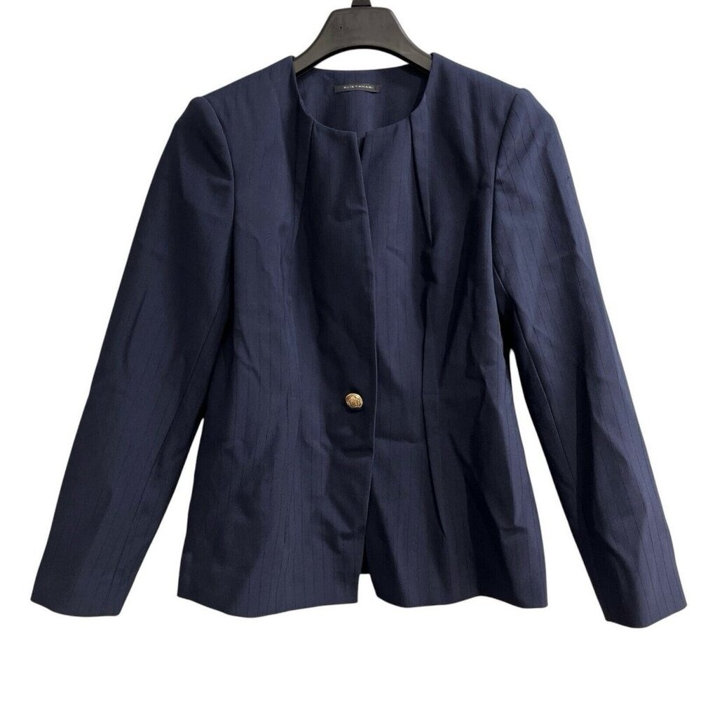 Tahari Navy Pinstripe Collarless Button Front Blazer Jacket Womens Size 10